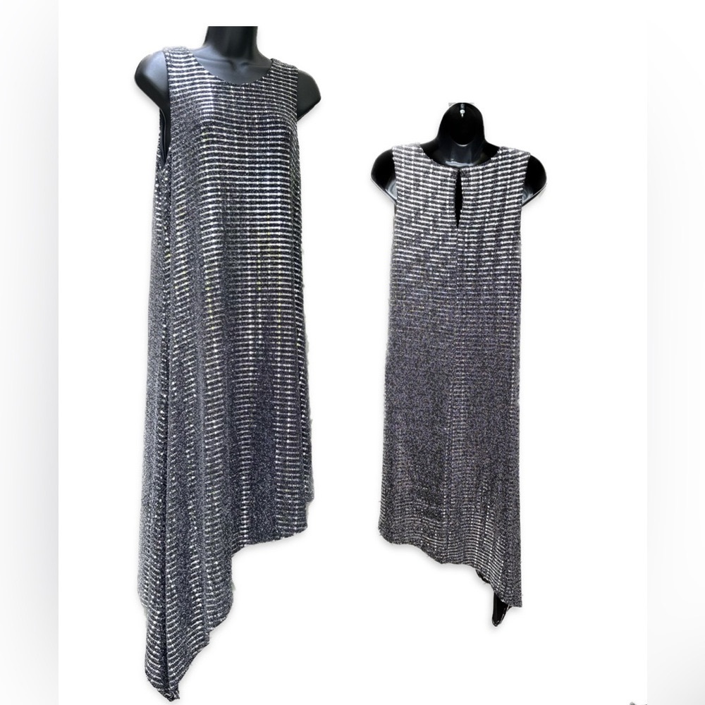 ANNE KLEIN Black Silver EMBELLISHED Shift Asymmetrical Dress SIZE M